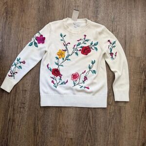Carlisle‎ New York Floral Embroidered White Knit Sweater Crewneck Size M NWT